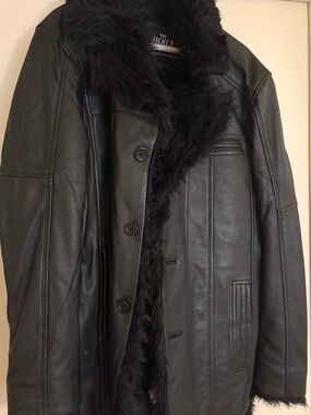 Men's Black Leather Peacoat with Shearling Collar. EUC